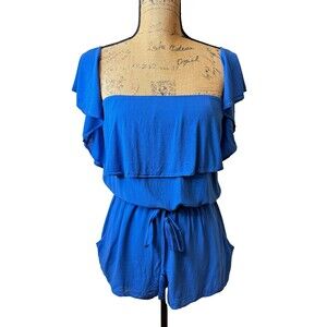 Cotton Candy LA Blue Off Shoulder Ruffle Romper Shorts Pockets Size M